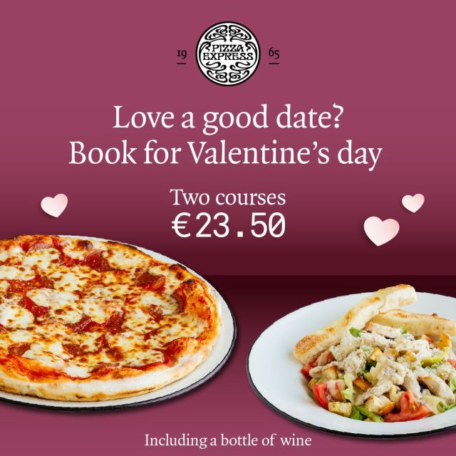 Choose any two courses and a bottle of wine or go for the full love feast. Get in the mood with our new Valentine’s Day dine-in menu and book now!
--
#PizzaExpressCY #ColumbiaRestaurants #ValentinesDay #BookNow